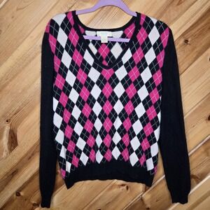 Marshall Field's 100% Cashmere Black Pink Argyle V Neck Sweater Sz XL
